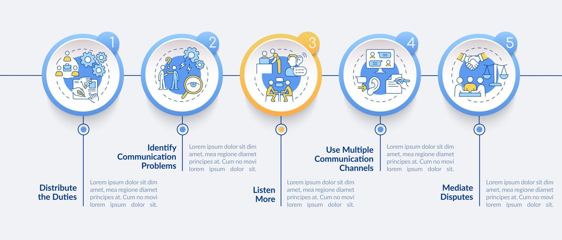 Ways to improve teamwork circle infographic template. Company strategy. Data visualization with 5 steps. Process timeline info chart. Workflow layout with line icons. Lato-Bold, Regular fonts used vector