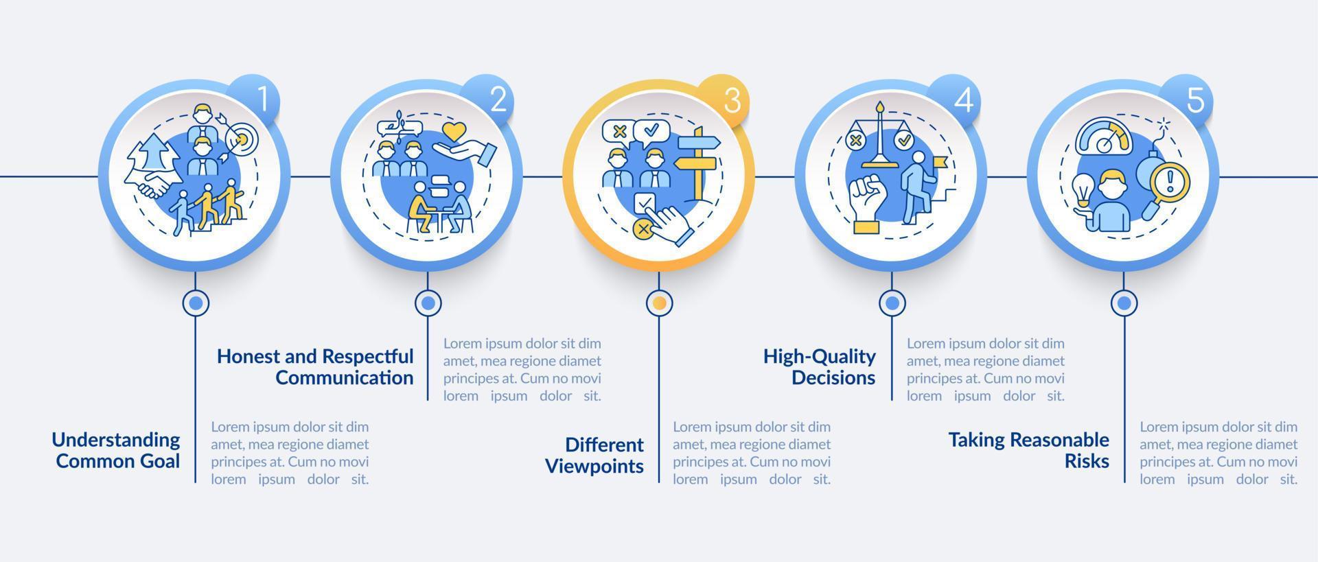 Teamwork tips circle infographic template. Successful company work. Data visualization with 5 steps. Process timeline info chart. Workflow layout with line icons. Lato-Bold, Regular fonts used vector