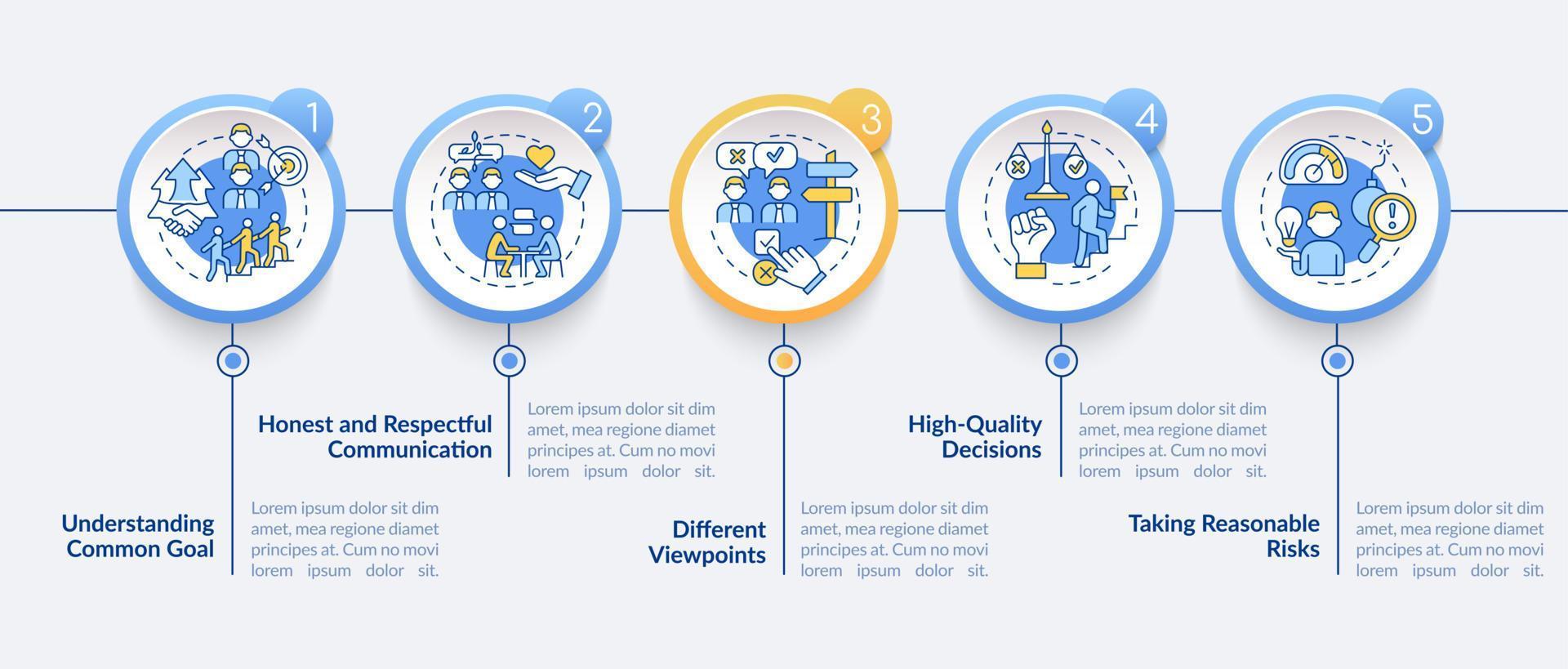 plantilla infográfica circular de consejos de trabajo en equipo. trabajo exitoso de la empresa. visualización de datos con 5 pasos. gráfico de información de la línea de tiempo del proceso. diseño de flujo de trabajo con iconos de línea. lato-negrita, fuentes regulares utilizadas vector