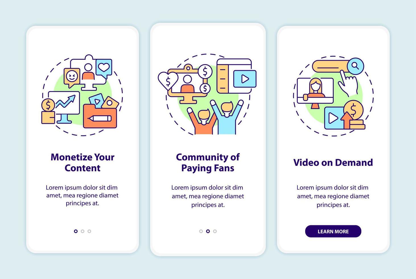 How to earn money from subscription onboarding mobile app screen. Walkthrough 3 steps graphic instructions pages with linear concepts. UI, UX, GUI template. Myriad Pro-Bold, Regular fonts used vector