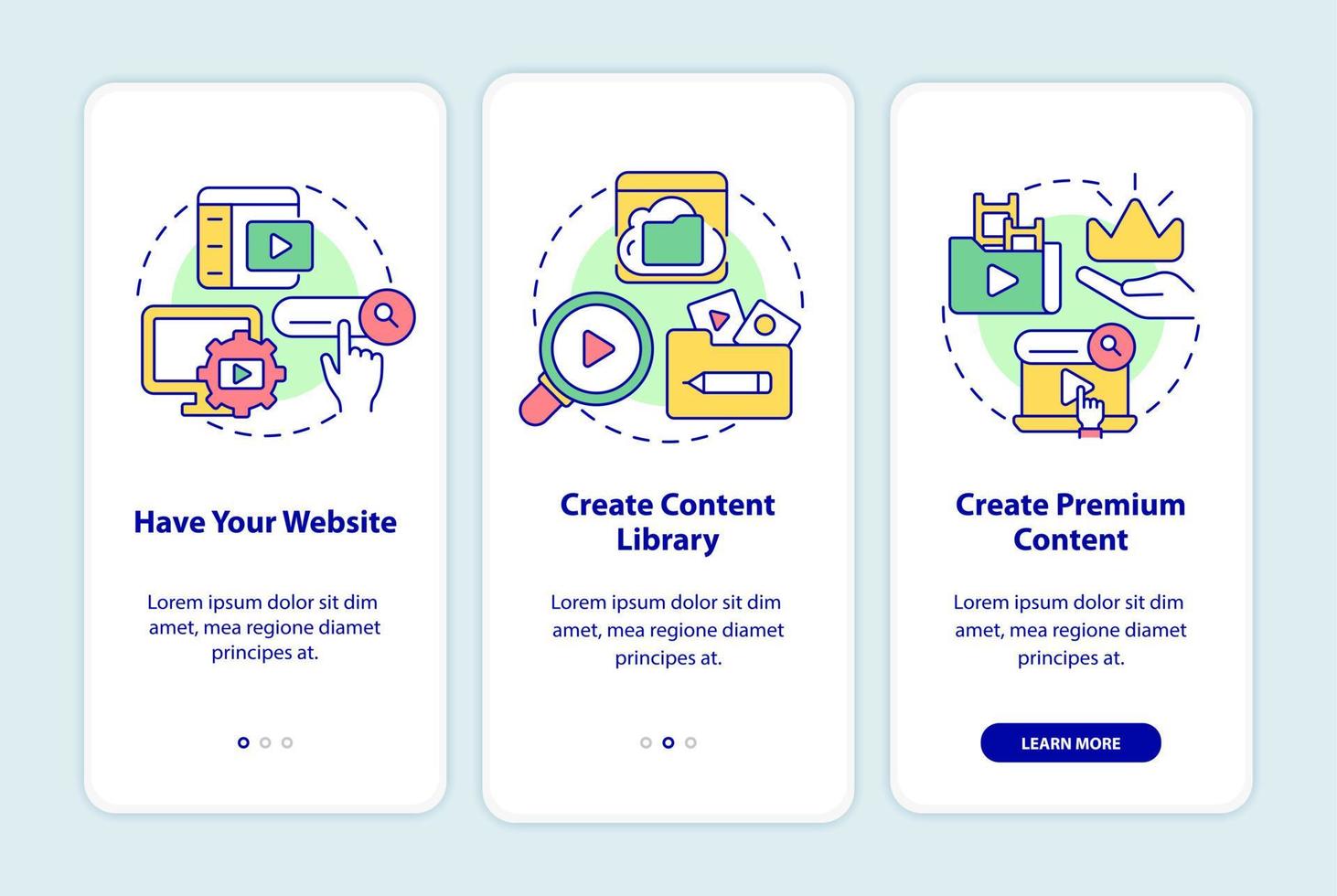 Video on demand onboarding mobile app screen. Content distribution walkthrough 3 steps graphic instructions pages with linear concepts. UI, UX, GUI template. Myriad Pro-Bold, Regular fonts used vector