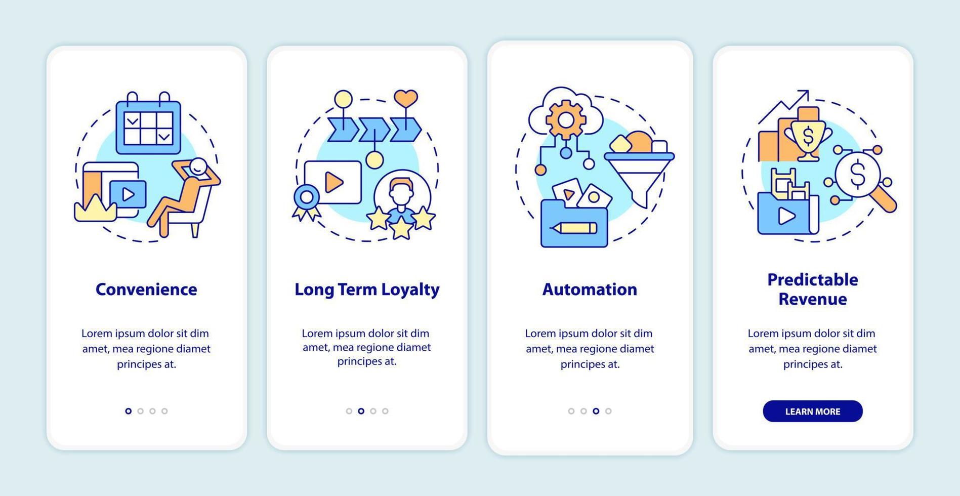 Benefits of subscription based services onboarding mobile app screen. Walkthrough 4 steps graphic instructions pages with linear concepts. UI, UX, GUI template. Myriad Pro-Bold, Regular fonts used vector