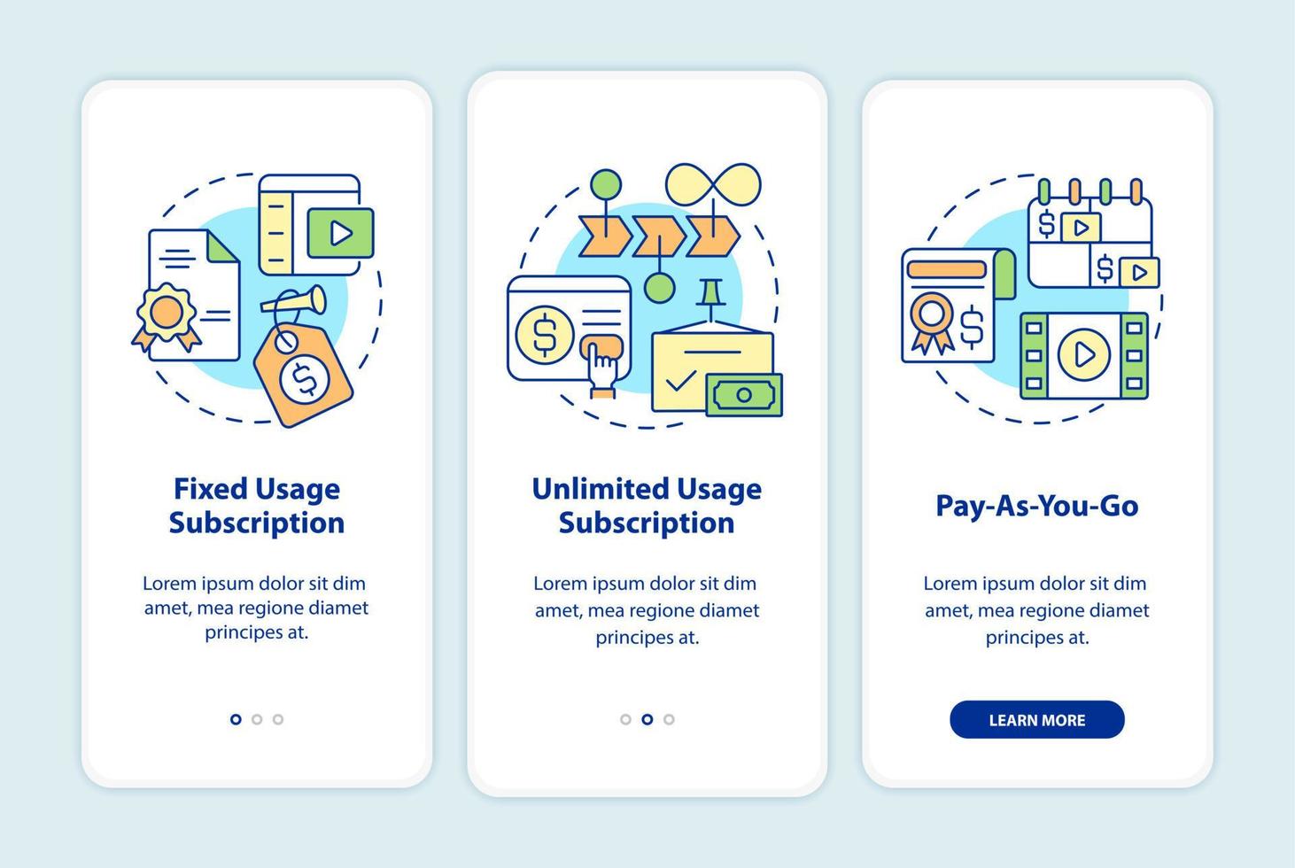 Types of subscription onboarding mobile app screen. Pay for content walkthrough 3 steps graphic instructions pages with linear concepts. UI, UX, GUI template. Myriad Pro-Bold, Regular fonts used vector