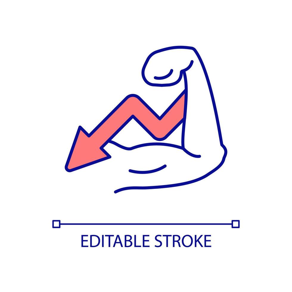 Muscle atrophy RGB color icon. Musculoskeletal system degradation. Arm thinning. Anorexia symptom. Isolated vector illustration. Simple filled line drawing. Editable stroke. Arial font used