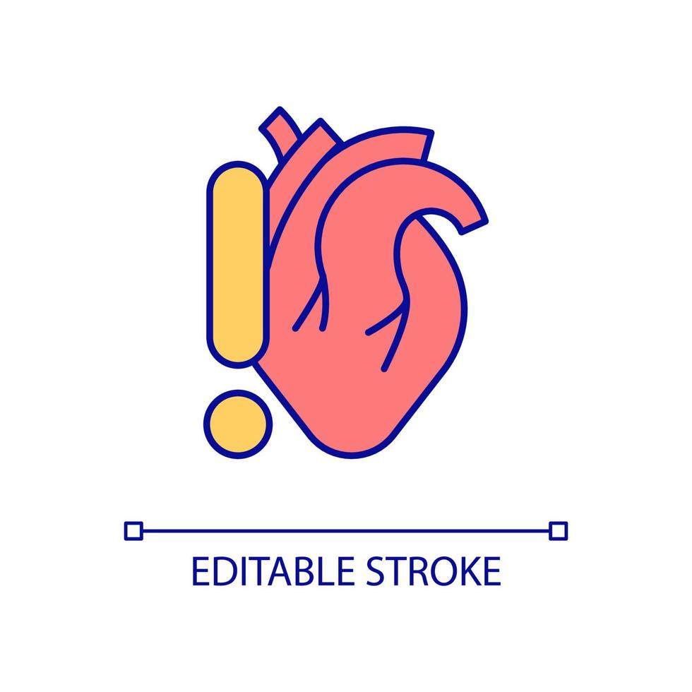 Heart problems RGB color icon. Coronary artery diseases. Cardiac illness. Blood pumping organ disorder. Isolated vector illustration. Simple filled line drawing. Editable stroke. Arial font used