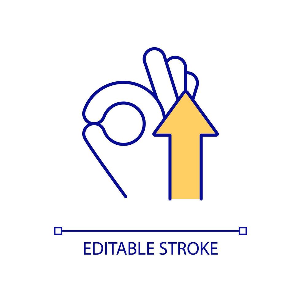 Ok hand gesture RGB color icon. Okay and wellness sign. Show agreement. Index finger and thumb touching. Isolated vector illustration. Simple filled line drawing. Editable stroke. Arial font used