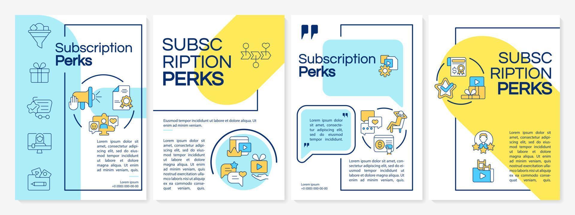 Subscription perks blue and yellow brochure template. Booklet print design with linear icons. Vector layouts for presentation, annual reports, ads. Questrial-Regular, Lato-Regular fonts used