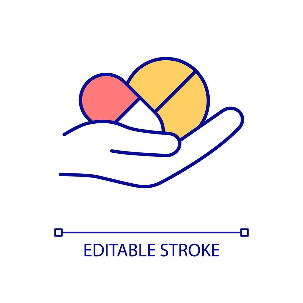 Take medicine RGB color icon. Medicamental treatment. Cure disease with drugs. Tablet and pill. Isolated vector illustration. Simple filled line drawing. Editable stroke. Arial font used