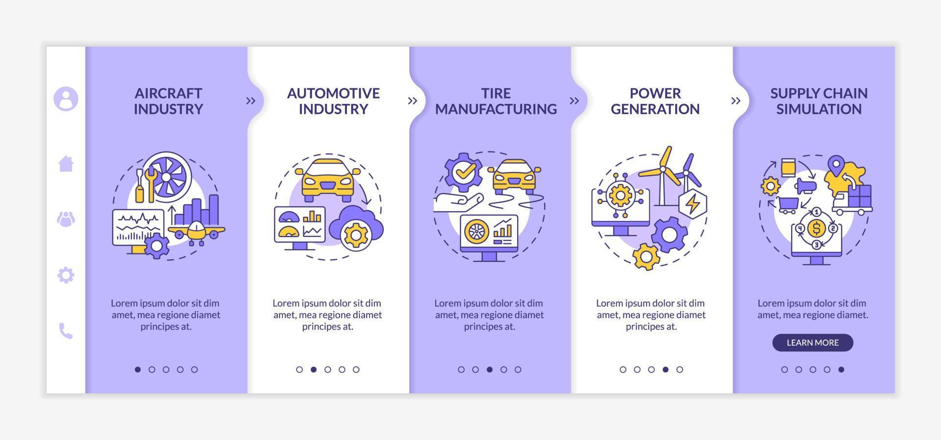 Digital twin implementation purple and white onboarding template. Simulation. Responsive mobile website with linear concept icons. Web page walkthrough 5 step screens. Lato-Bold, Regular fonts used vector