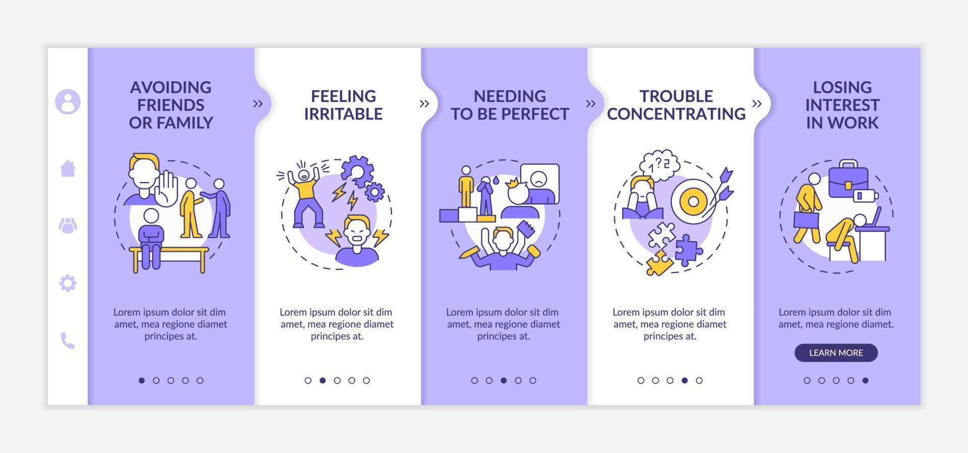 Workplace anxiety purple and white onboarding template. Stress symptoms at work. Responsive mobile website with linear concept icons. Web page walkthrough 5 step screens. Lato-Bold, Regular fonts used vector