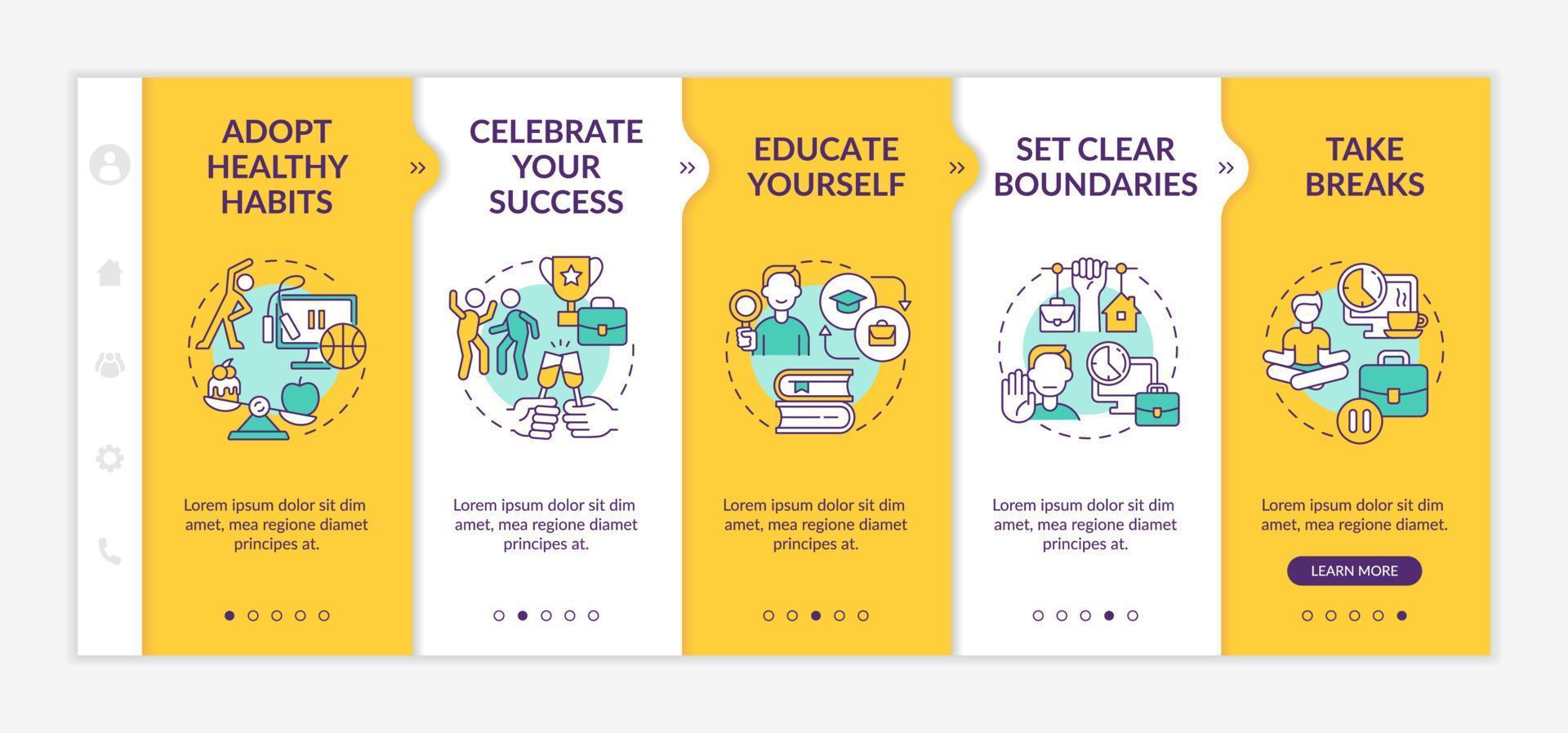 Dealing with anxiety at work yellow onboarding template. Stress overcoming. Responsive mobile website with linear concept icons. Web page walkthrough 5 step screens. Lato-Bold, Regular fonts used vector