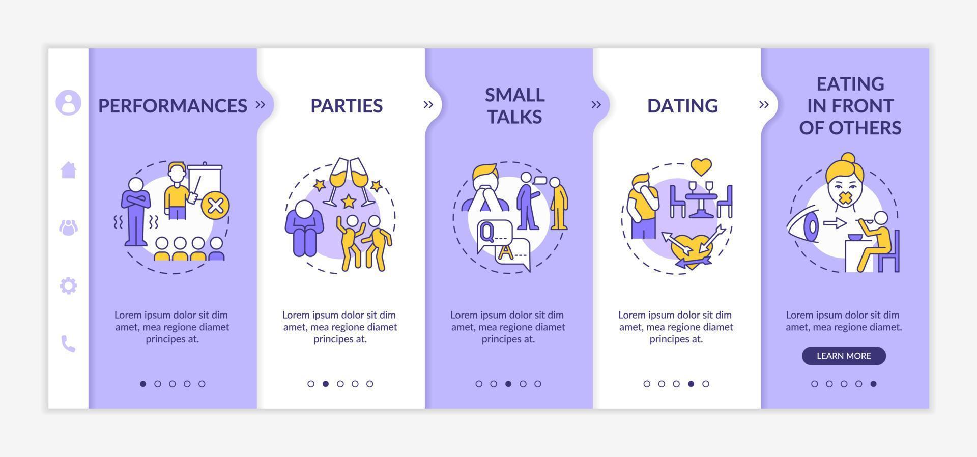 la ansiedad común desencadena una plantilla de incorporación morada y blanca. trastorno mental. sitio web móvil receptivo con iconos de concepto lineal. Tutorial de página web Pantallas de 5 pasos. lato-negrita, fuentes regulares utilizadas vector