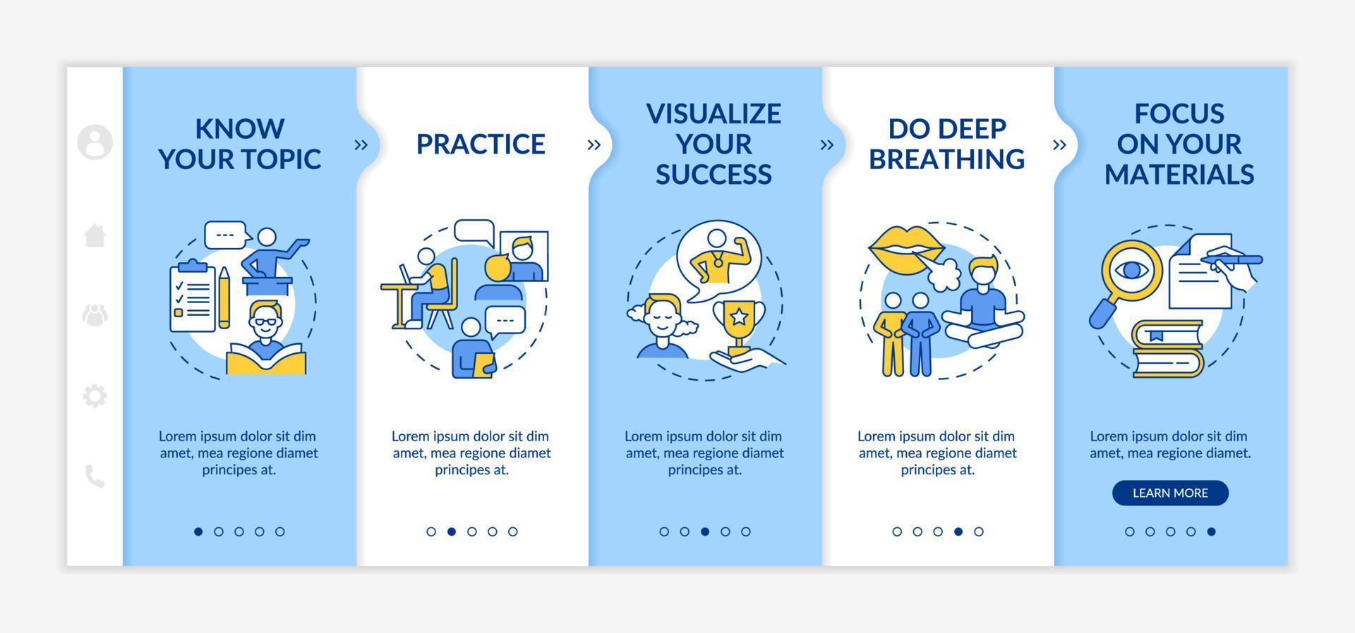 Overcoming fear of public speaking blue and white onboarding template. Responsive mobile website with linear concept icons. Web page walkthrough 5 step screens. Lato-Bold, Regular fonts used vector