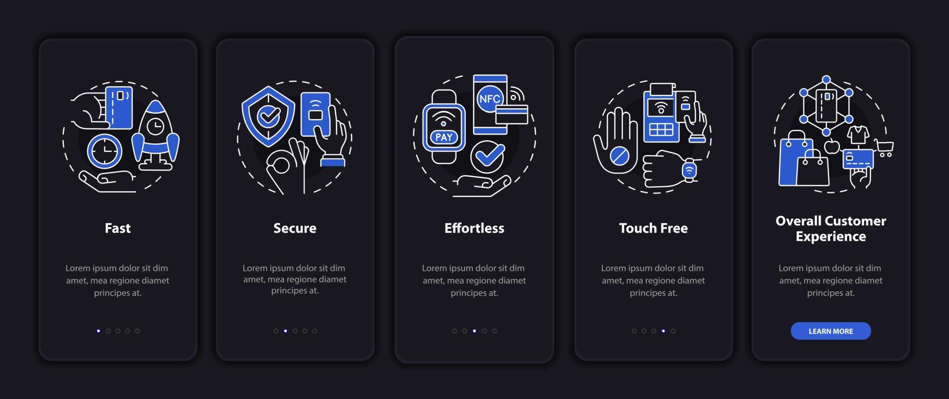 pantalla de la aplicación móvil de incorporación del modo nocturno de pay pros sin contacto. tutorial de servicio páginas de instrucciones gráficas de 5 pasos con conceptos lineales. interfaz de usuario, ux, plantilla de interfaz gráfica de usuario. innumerables fuentes pro-negrita y regulares utilizadas vector