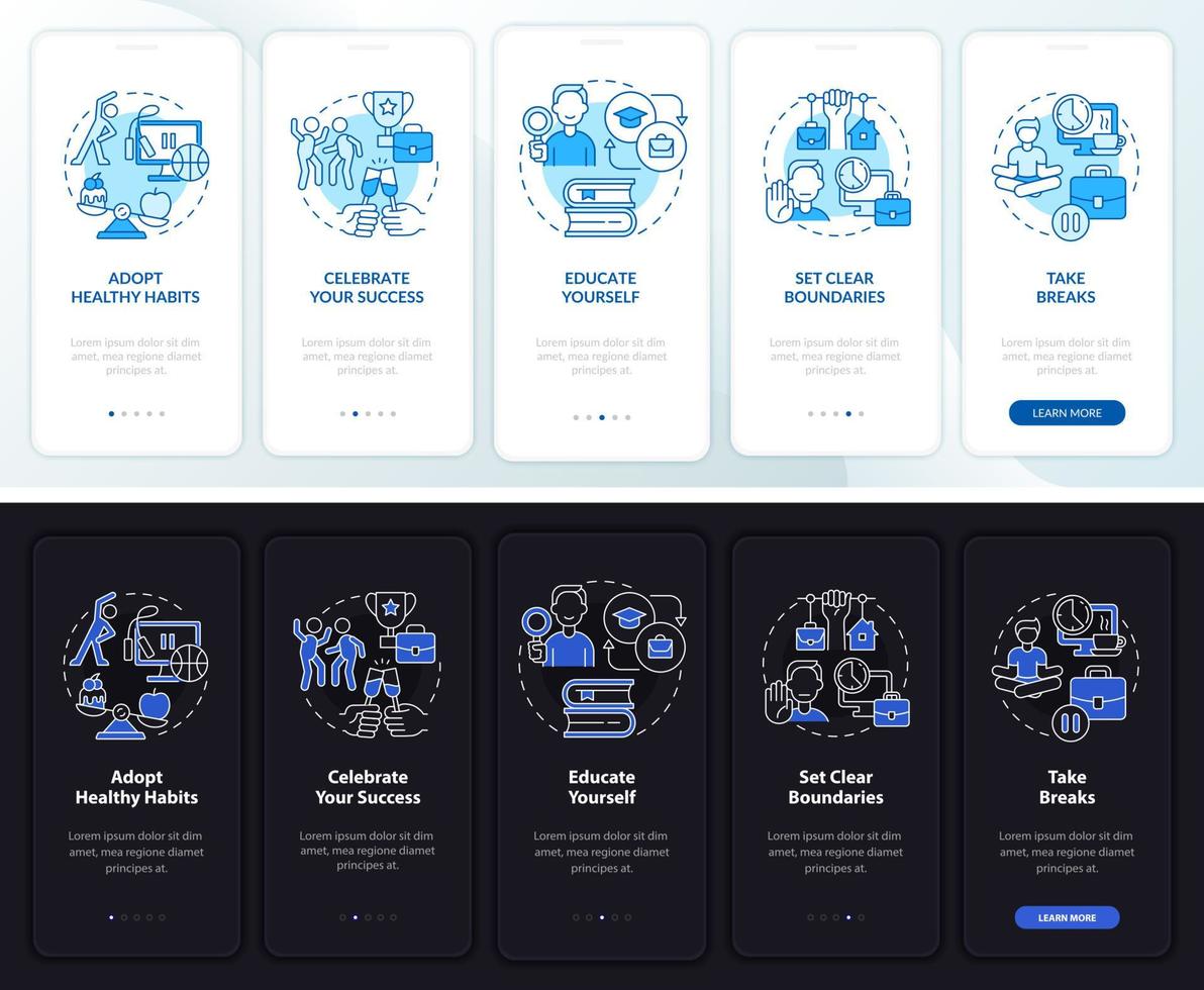 ansiedad en el trabajo modo día y noche incorporando la pantalla de la aplicación móvil. Evite las páginas de instrucciones gráficas de 5 pasos con conceptos lineales. interfaz de usuario, ux, plantilla de interfaz gráfica de usuario. innumerables fuentes pro-negrita y regulares utilizadas vector