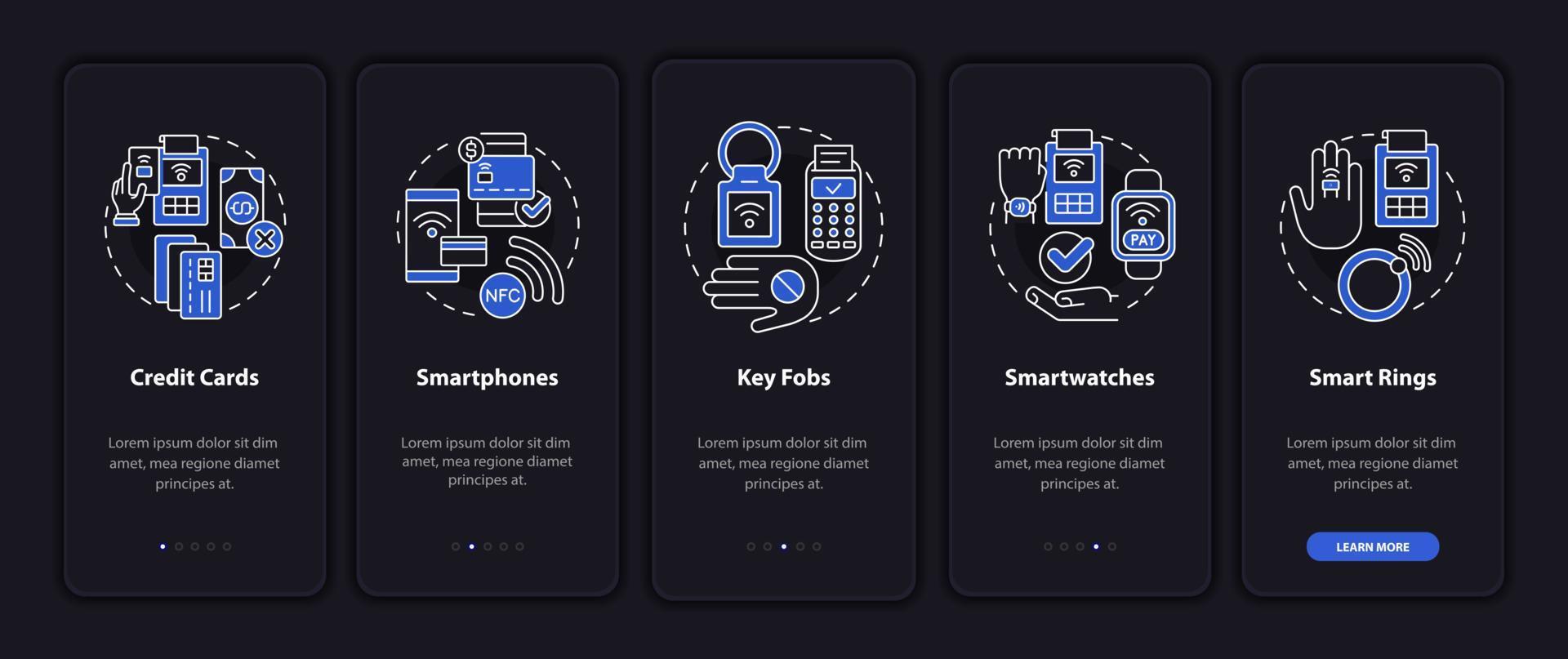 Payment methods night mode onboarding mobile app screen. Cashless walkthrough 5 steps graphic instructions pages with linear concepts. UI, UX, GUI template. Myriad Pro-Bold, Regular fonts used vector