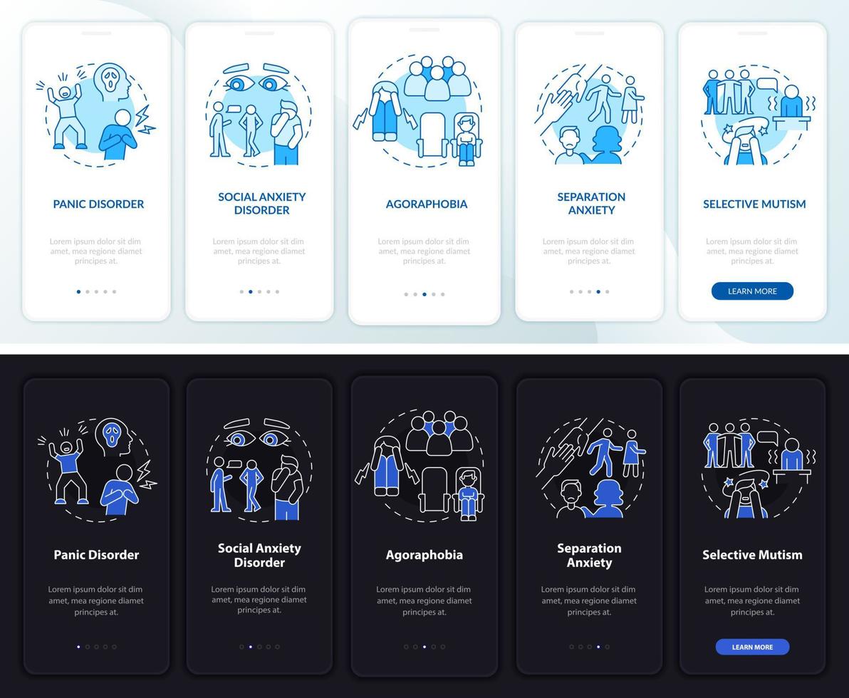 Types of anxiety night and day mode onboarding mobile app screen. Mind walkthrough 5 steps graphic instructions pages with linear concepts. UI, UX, GUI template. Myriad Pro-Bold, Regular fonts used vector