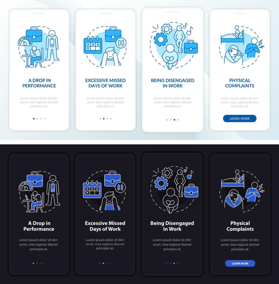 Anxiety reasons night and day mode onboarding mobile app screen. Work walkthrough 4 steps graphic instructions pages with linear concepts. UI, UX, GUI template. Myriad Pro-Bold, Regular fonts used vector