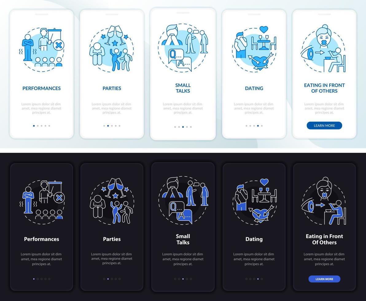 Anxiety triggers night and day mode onboarding mobile app screen. Health walkthrough 5 steps graphic instructions pages with linear concepts. UI, UX, GUI template. Myriad Pro-Bold, Regular fonts used vector