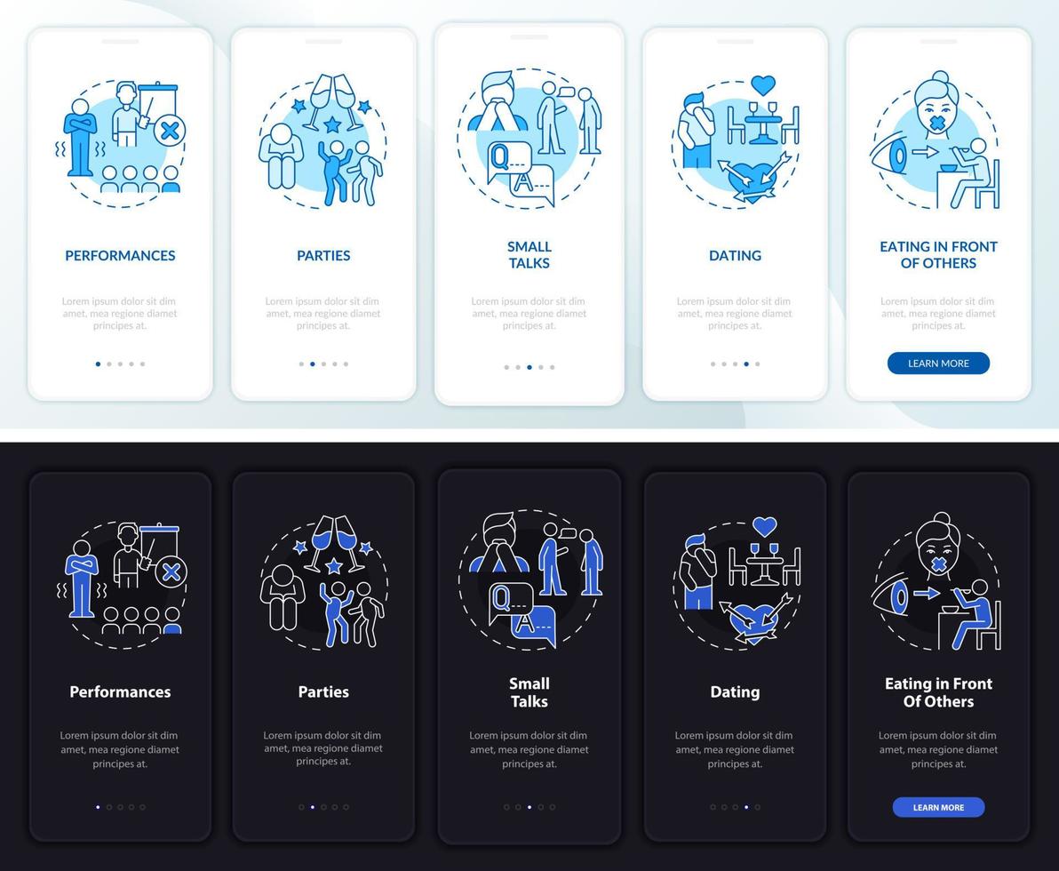 la ansiedad activa el modo día y noche al incorporar la pantalla de la aplicación móvil. tutorial de salud 5 pasos páginas de instrucciones gráficas con conceptos lineales. interfaz de usuario, ux, plantilla de interfaz gráfica de usuario. innumerables fuentes pro-negrita y regulares utilizadas vector