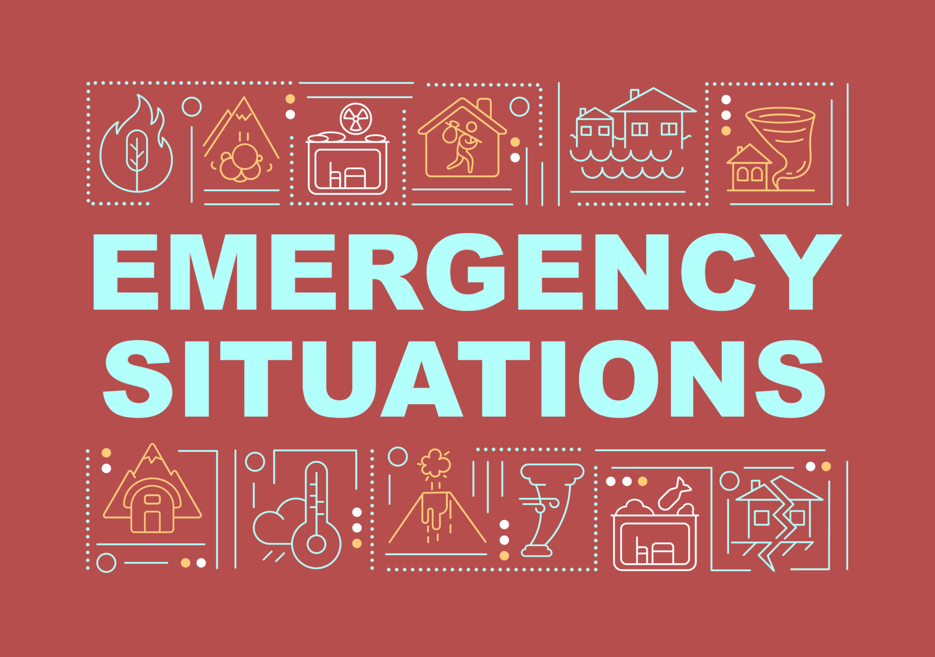 Emergency situations word concepts red banner. Hazard damage. Infographics with linear icons on