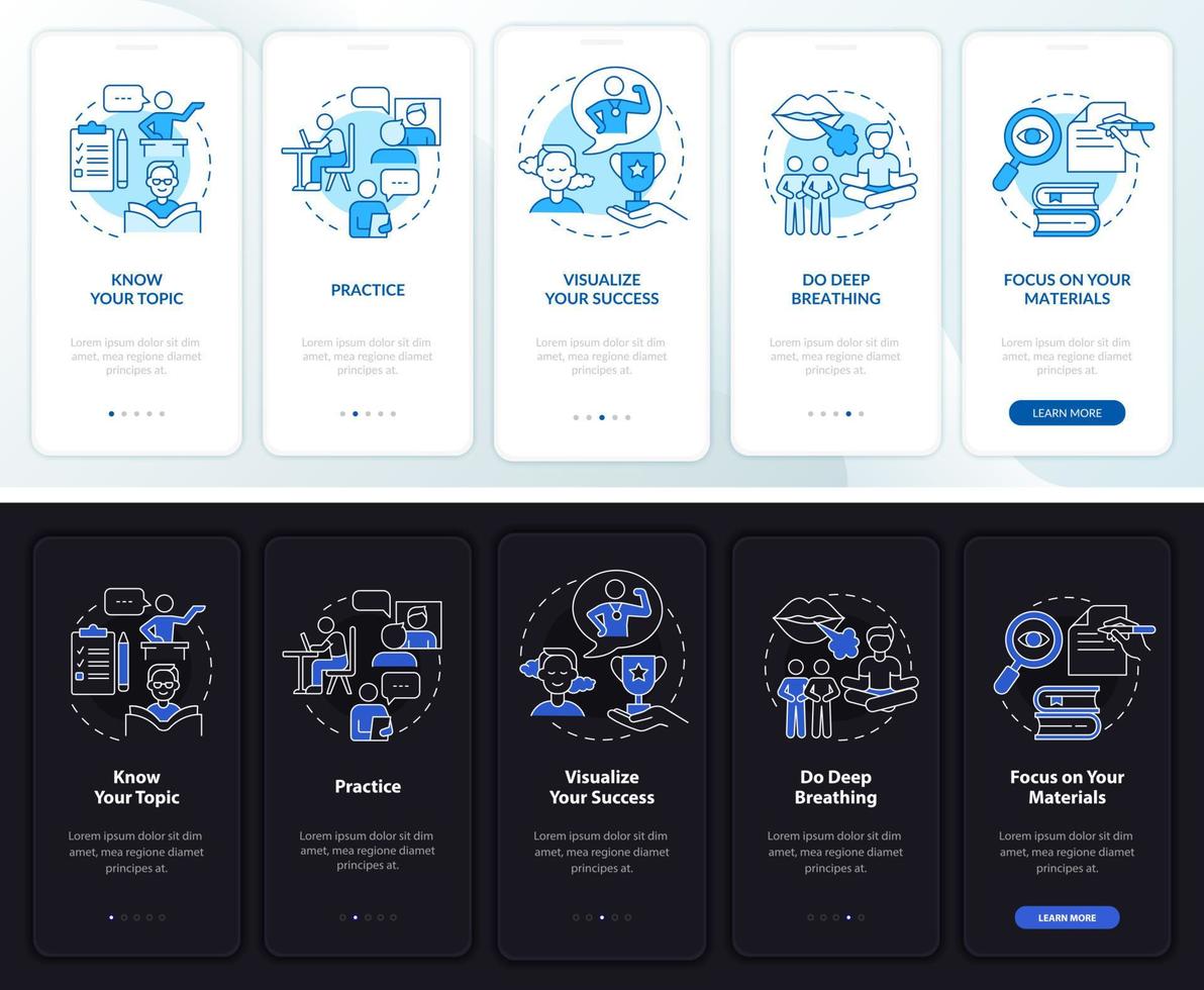 Public speak fear night and day mode onboarding mobile app screen. Tips walkthrough 5 steps graphic instructions pages with linear concepts. UI, UX, GUI template. Myriad Pro-Bold, Regular fonts used vector