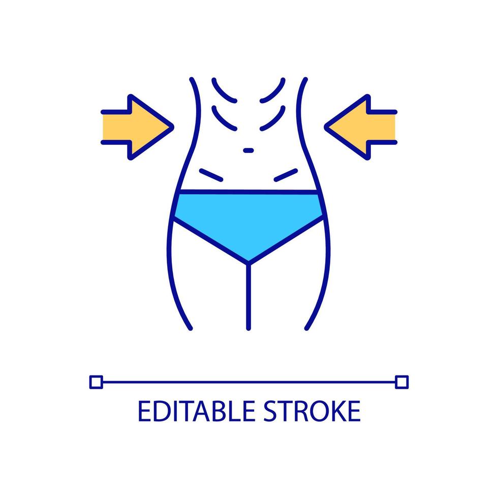 Anorexia nervosa RGB color icon. Low body weight. Fat gaining fear. Skinny female figure. Malnutrition. Isolated vector illustration. Simple filled line drawing. Editable stroke. Arial font used