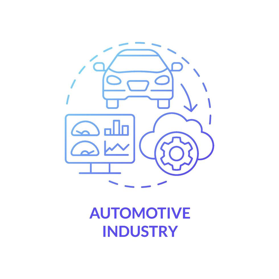 Automotive industry blue gradient concept icon. New car model abstract idea thin line illustration. Simulating product lifecycle. Isolated outline drawing. Roboto-Medium, Myriad Pro-Bold fonts used vector