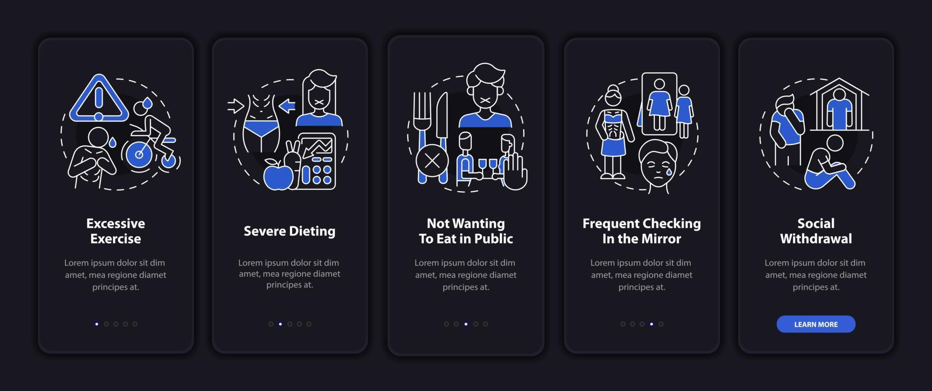 Anorexia emotional symptoms night mode onboarding mobile app screen. Walkthrough 5 steps graphic instructions pages with linear concepts. UI, UX, GUI template. Myriad Pro-Bold, Regular fonts used vector