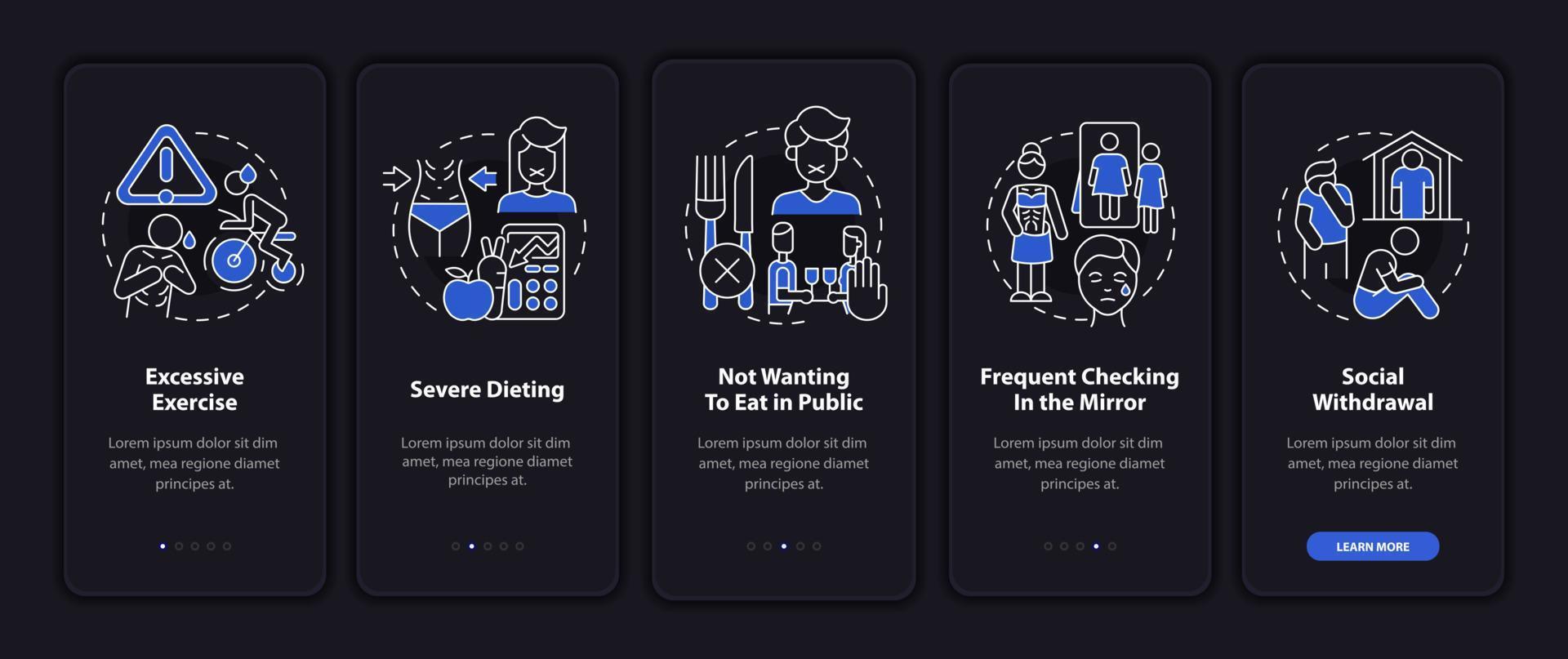 anorexia síntomas emocionales modo nocturno incorporando la pantalla de la aplicación móvil. tutorial 5 pasos páginas de instrucciones gráficas con conceptos lineales. interfaz de usuario, ux, plantilla de interfaz gráfica de usuario. innumerables fuentes pro-negrita y regulares utilizadas vector