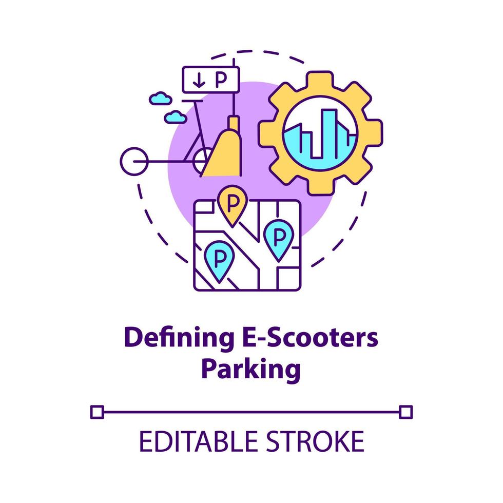 definiendo el icono del concepto de estacionamiento de e-scooters. Reglamento para compartir scooter idea abstracta ilustración de línea delgada. lugares designados para vehículos. dibujo de color de contorno aislado vectorial. trazo editable vector