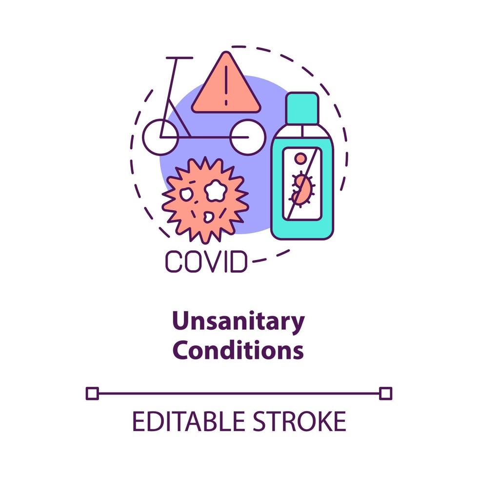 Unsanitary conditions concept icon. Scooter sharing problem abstract idea thin line illustration. Short-term rent. Unsafe riding. Bicycle usage. Vector isolated outline color drawing. Editable stroke