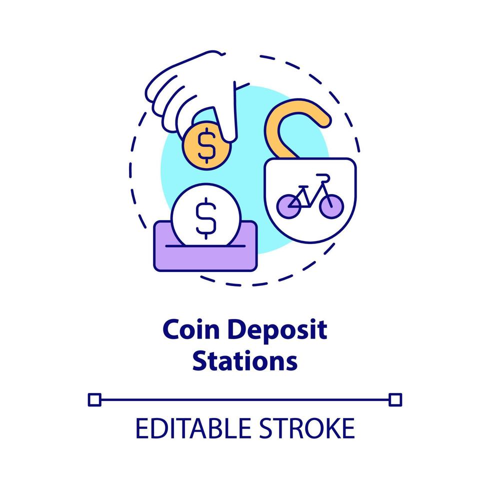 Coin deposit stations concept icon. Bicycle sharing category abstract idea thin line illustration. Bikesharing scheme. Coin-access. Vector isolated outline color drawing. Editable stroke