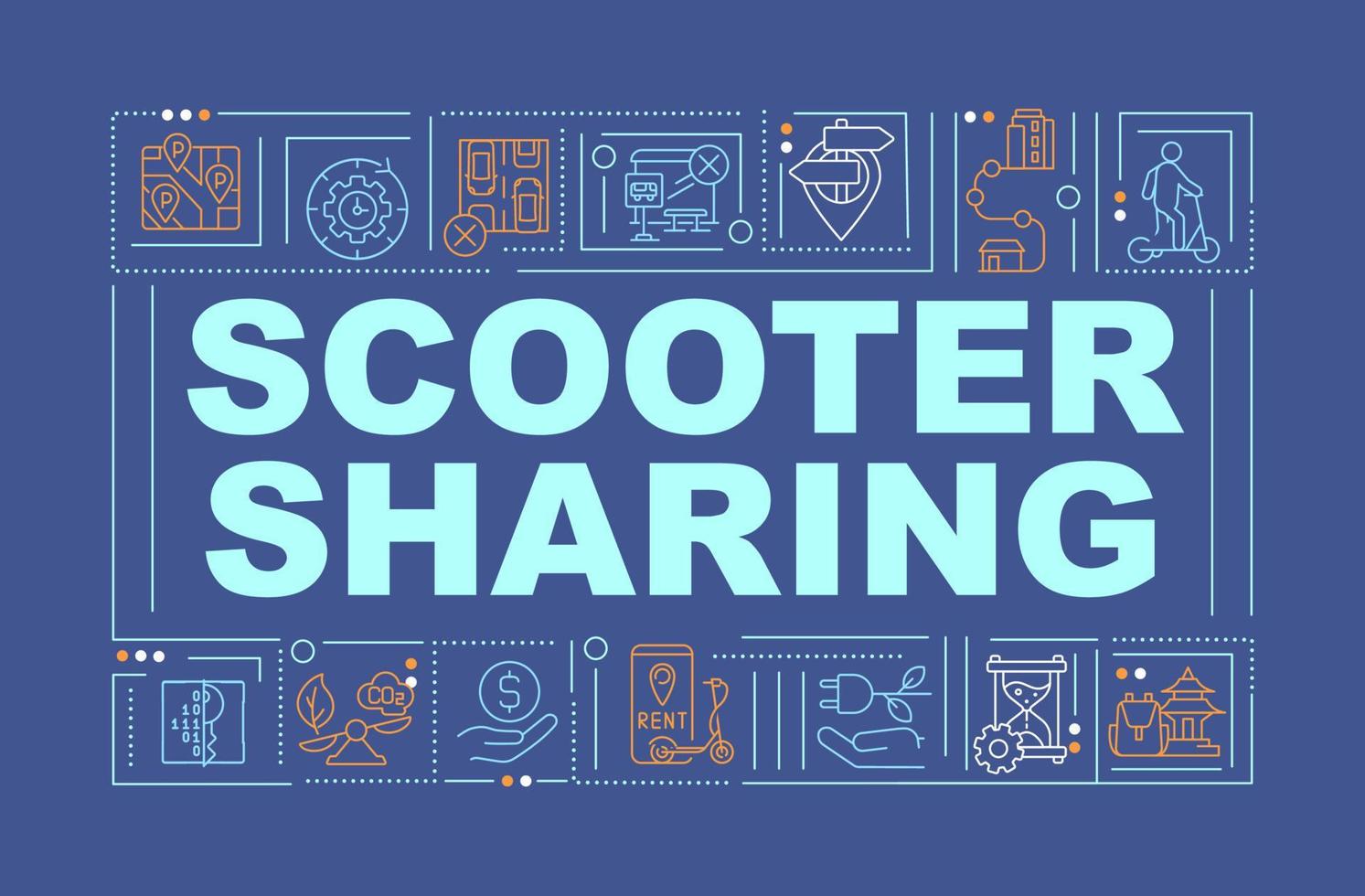 E-scooter share scheme word concepts banner. Eco urban transportation. Infographics with linear icons on blue background. Isolated creative typography. Vector outline color illustration with text