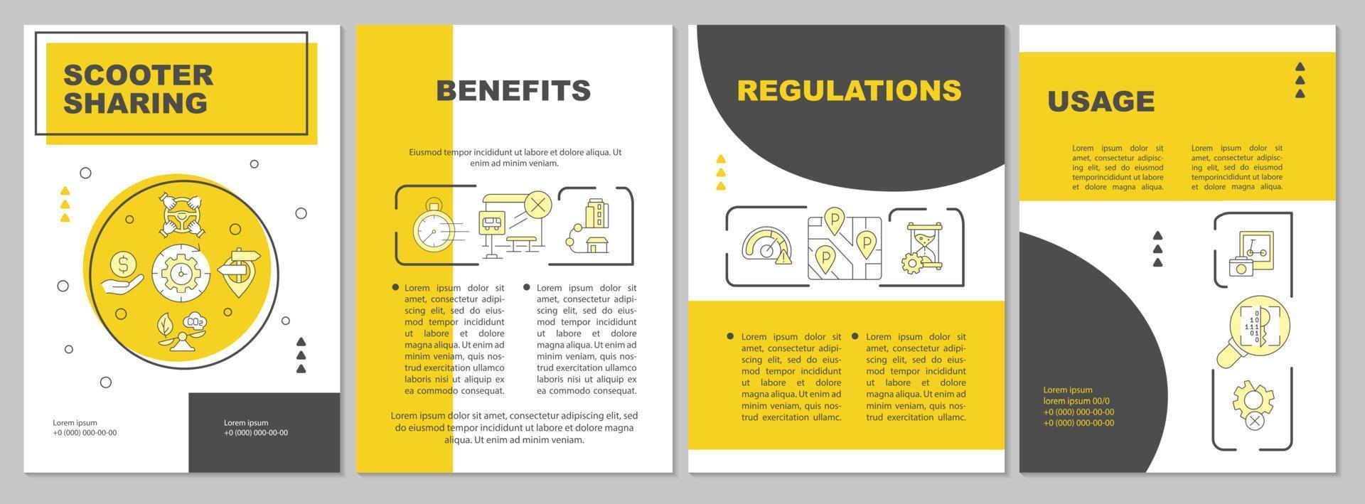 Plantilla de folleto del programa para compartir scooters electrónicos. opción ecológica. folleto, folleto, impresión de folleto, diseño de portada con iconos lineales. diseños vectoriales para presentaciones, informes anuales, páginas de publicidad vector