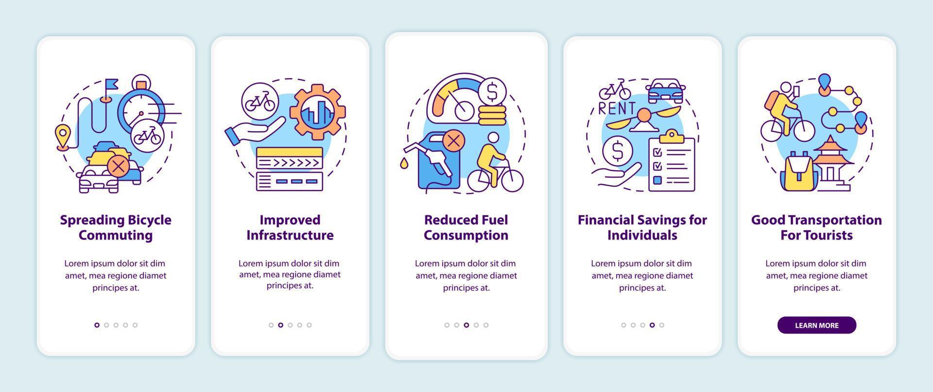 Bike sharing benefits onboarding mobile app page screen. Bicycle commuting walkthrough 5 steps graphic instructions with concepts. UI, UX, GUI vector template with linear color illustrations