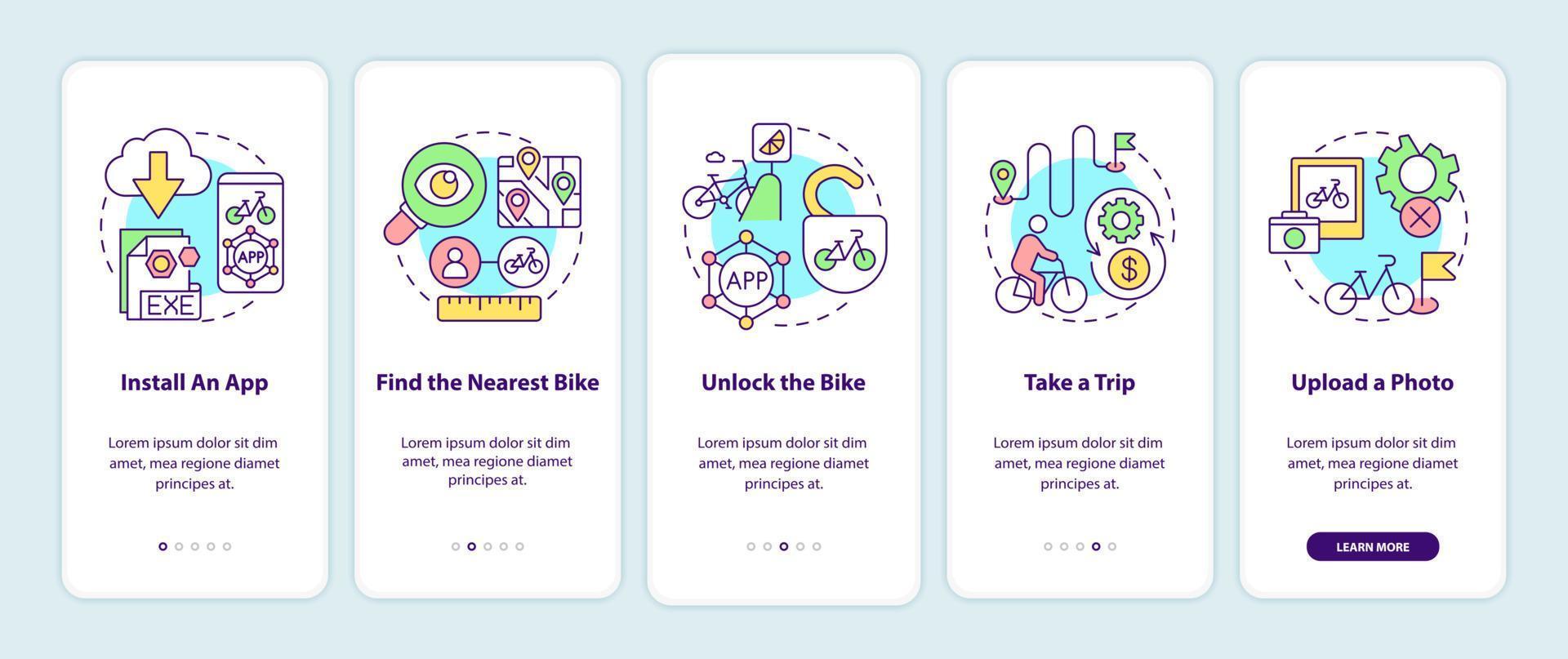 Bike sharing usage onboarding mobile app page screen. Installing app and taking trip walkthrough 5 steps graphic instructions with concepts. UI, UX, GUI vector template with linear color illustrations