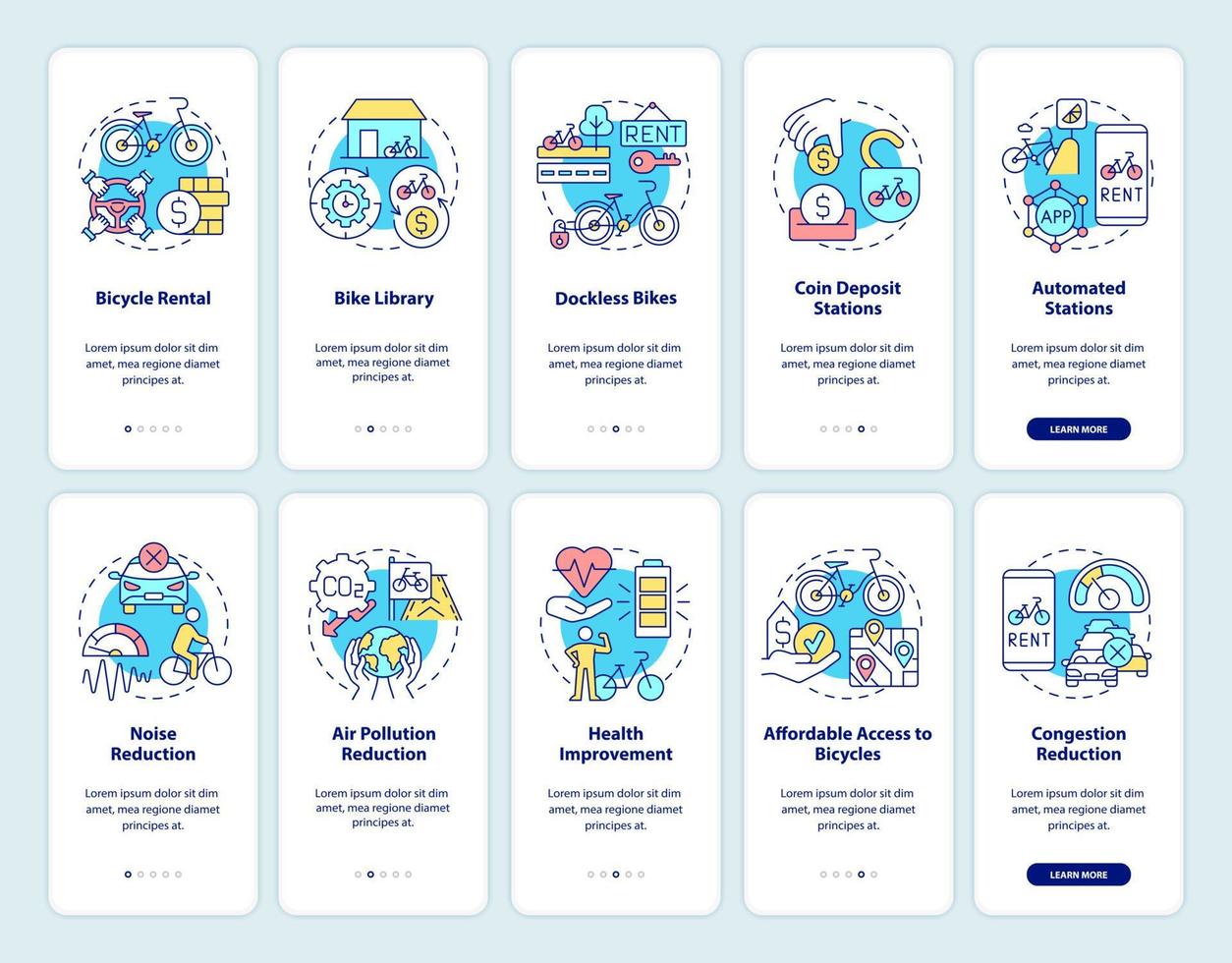 Bike and scooter sharing onboarding mobile app page screen set. Bicycle rental walkthrough 5 steps graphic instructions with concepts. UI, UX, GUI vector template with linear color illustrations