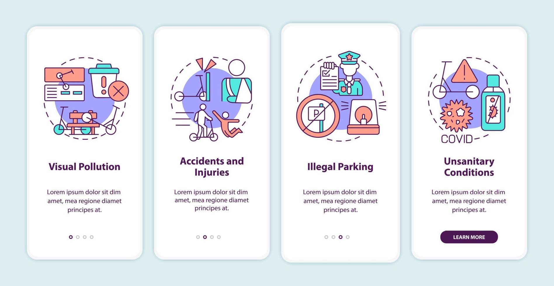 Scooter sharing problems onboarding mobile app page screen. Visual pollution walkthrough 4 steps graphic instructions with concepts. UI, UX, GUI vector template with linear color illustrations
