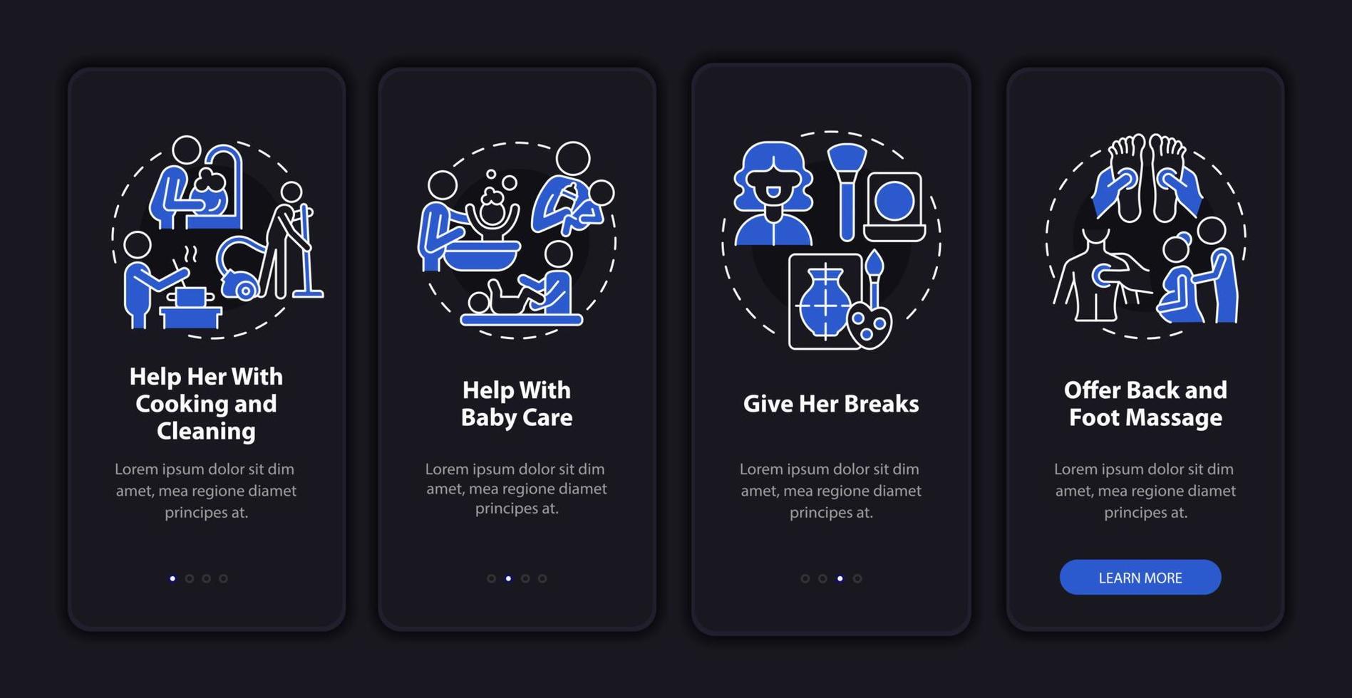Supporting pregnant partner onboarding mobile app page screen. Give her breaks walkthrough 4 steps graphic instructions with concepts. UI, UX, GUI vector template with linear night mode illustrations