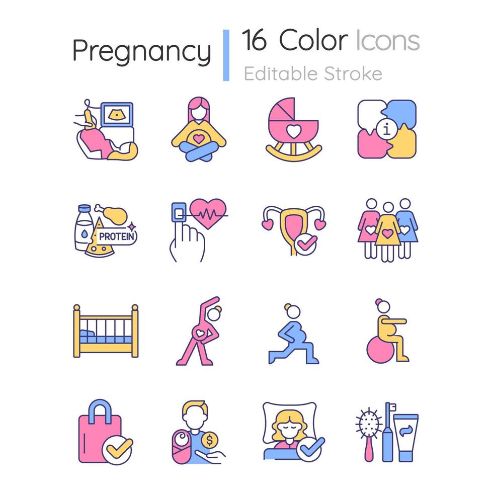 Pregnancy RGB color icons set. Physical and mental health. Expectant woman. Moms community. Workout exercise. Isolated vector illustrations. Simple filled line drawings collection. Editable stroke