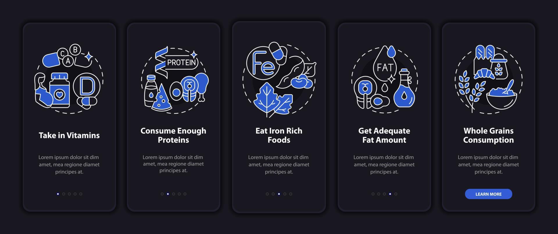 Nutrition during pregnancy onboarding mobile app page screen. Eat healthy foods walkthrough 5 steps graphic instructions with concepts. UI, UX, GUI vector template with linear night mode illustrations