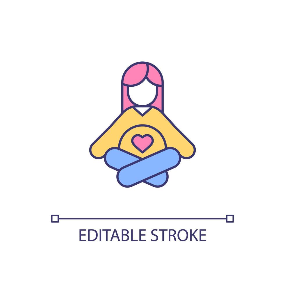 Expectant woman mental health RGB color icon. Practicing meditation. Improving mental wellbeing. Stress management. Isolated vector illustration. Simple filled line drawing. Editable stroke
