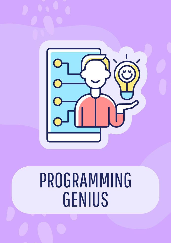 Programming genius greeting card with color icon element. Greatest programmer. Postcard vector design. Decorative flyer with creative illustration. Notecard with congratulatory message