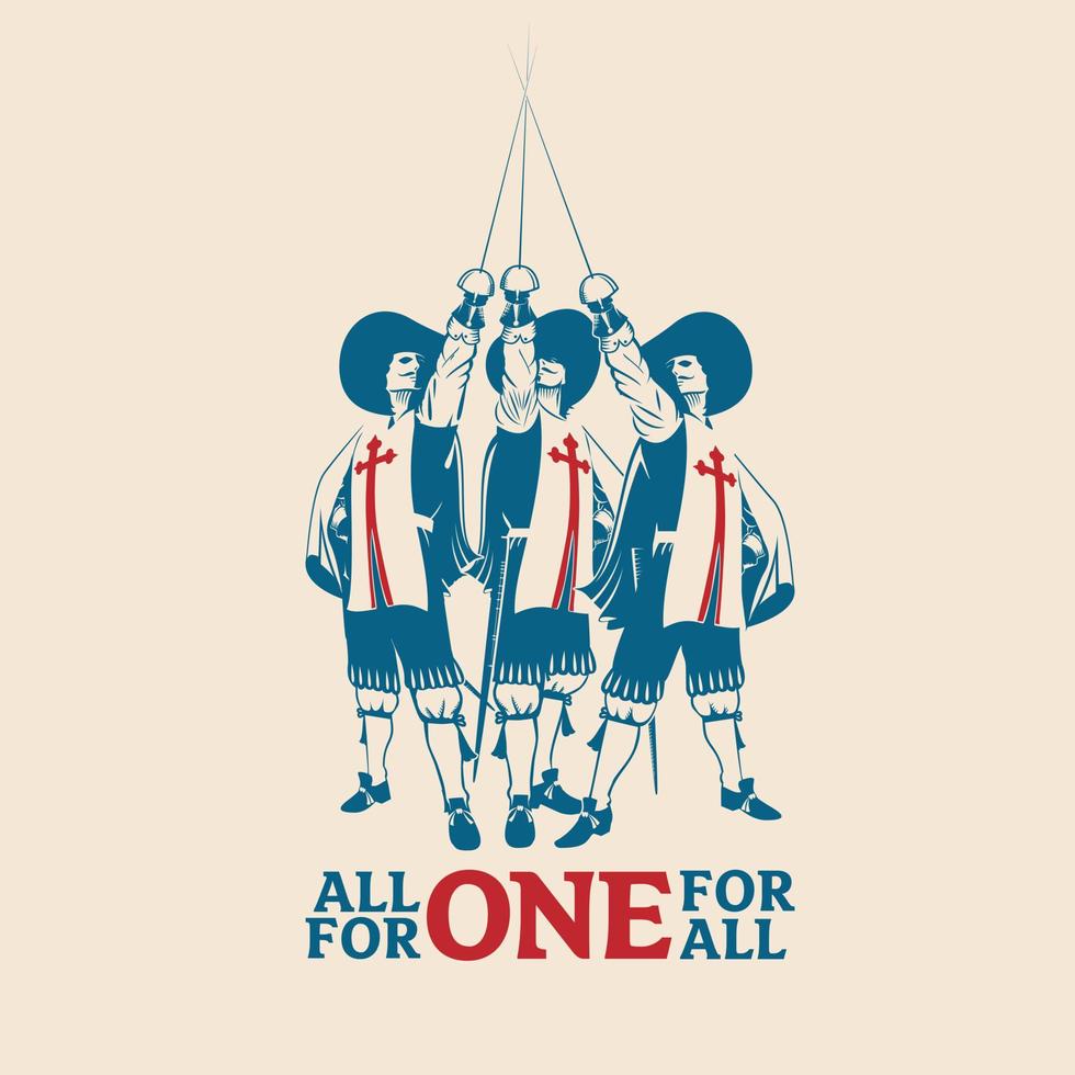 All For One For All, a three musketeers logo theme vector