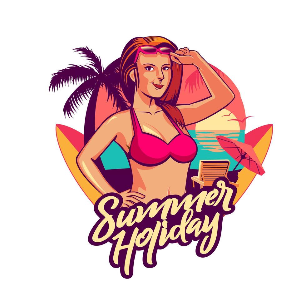 versión de puesta de sol de emblema de niña de vacaciones de verano vector