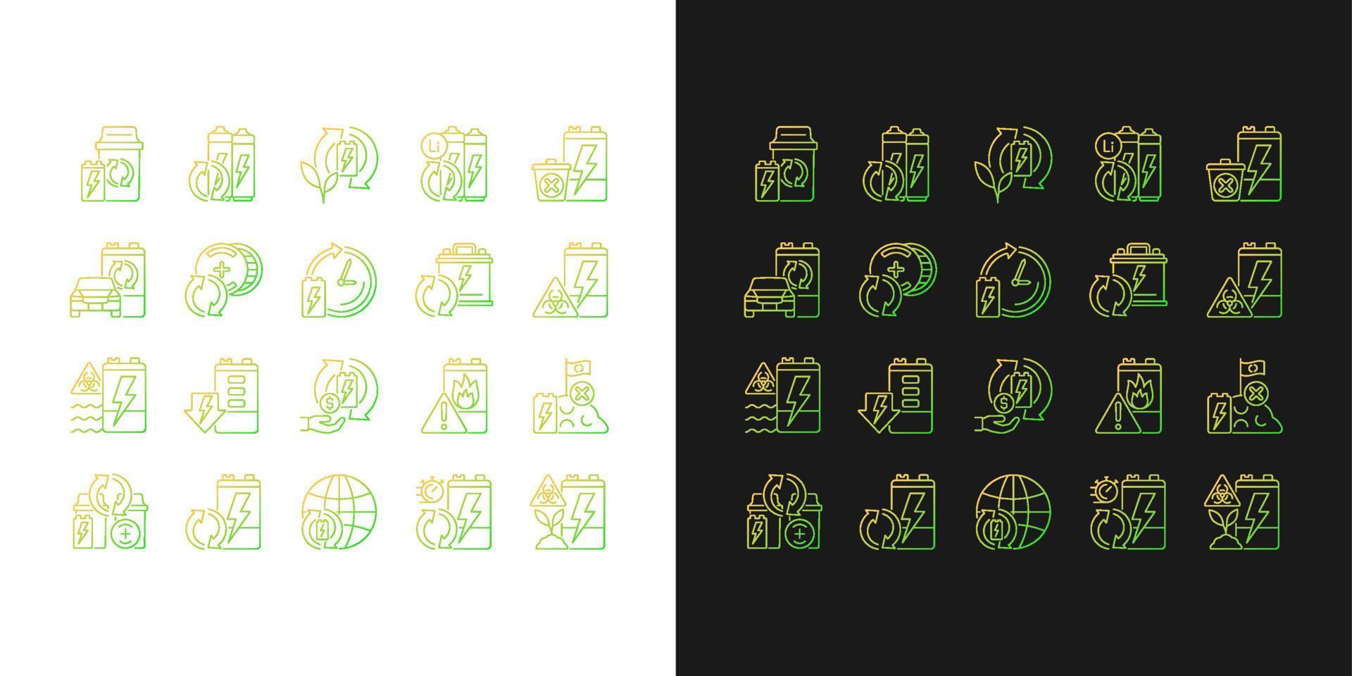 Battery recycling gradient icons set for dark and light mode. Electronic waste processing. Thin line contour symbols bundle. Isolated vector outline illustrations collection on black and white