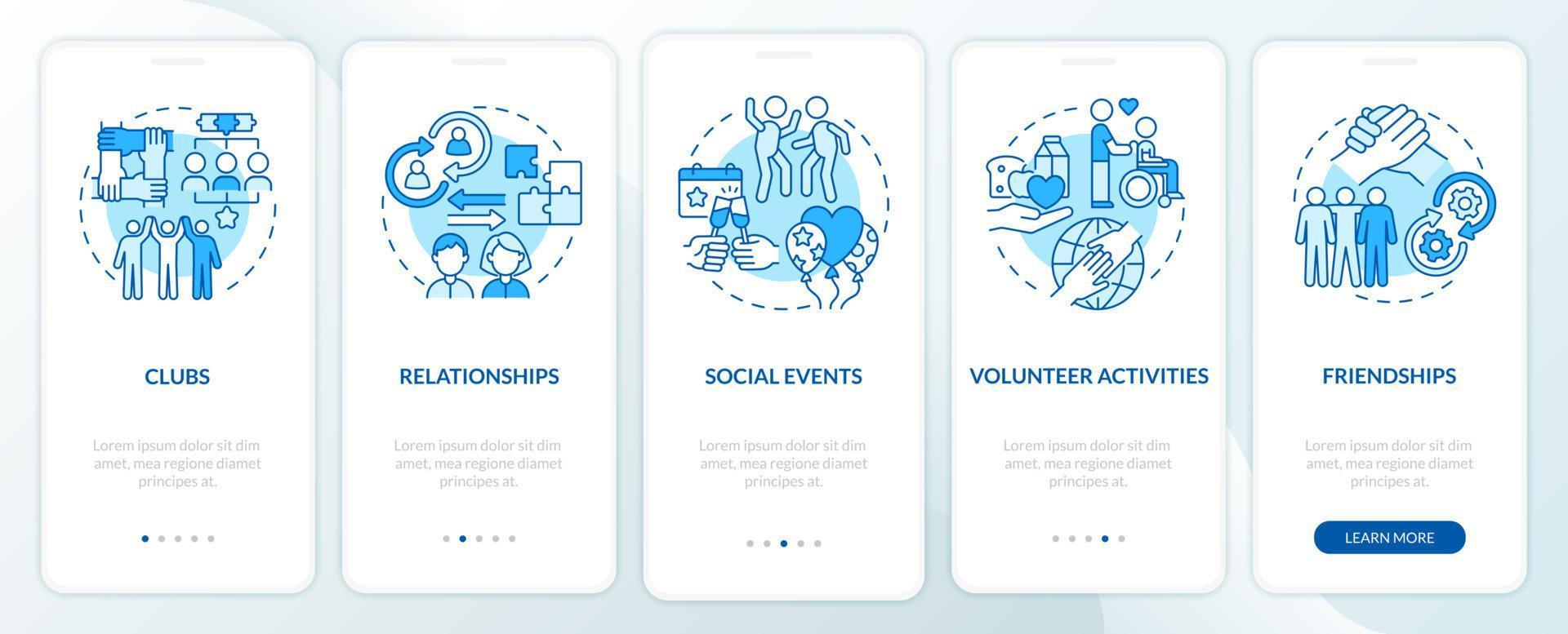 Participation examples blue onboarding mobile app page screen. Social engagement walkthrough 4 steps graphic instructions with concepts. UI, UX, GUI vector template with linear color illustrations