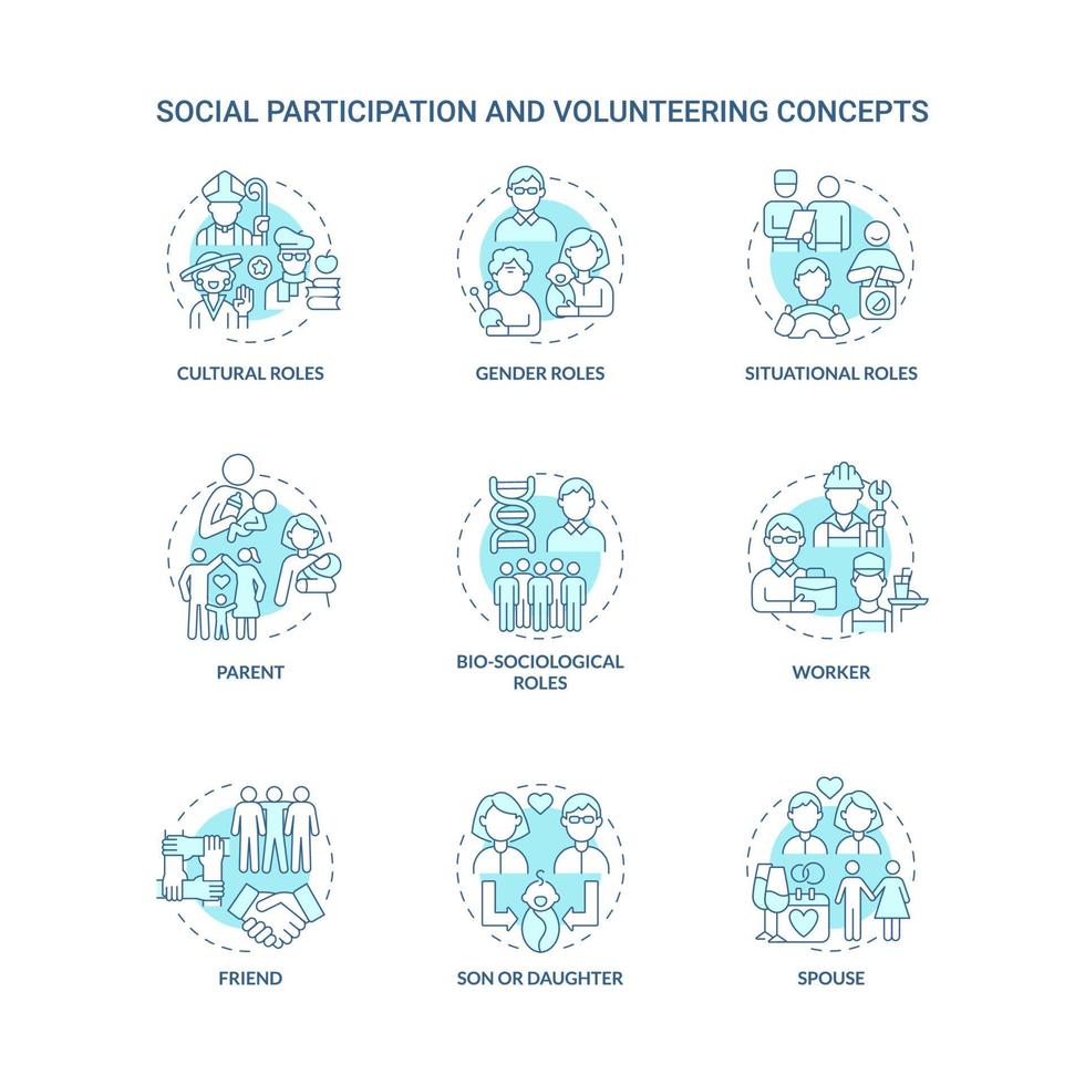 Social participation and volunteering blue concept icons set. Different roles for people in community idea thin line color illustrations. Vector isolated outline drawings. Editable stroke