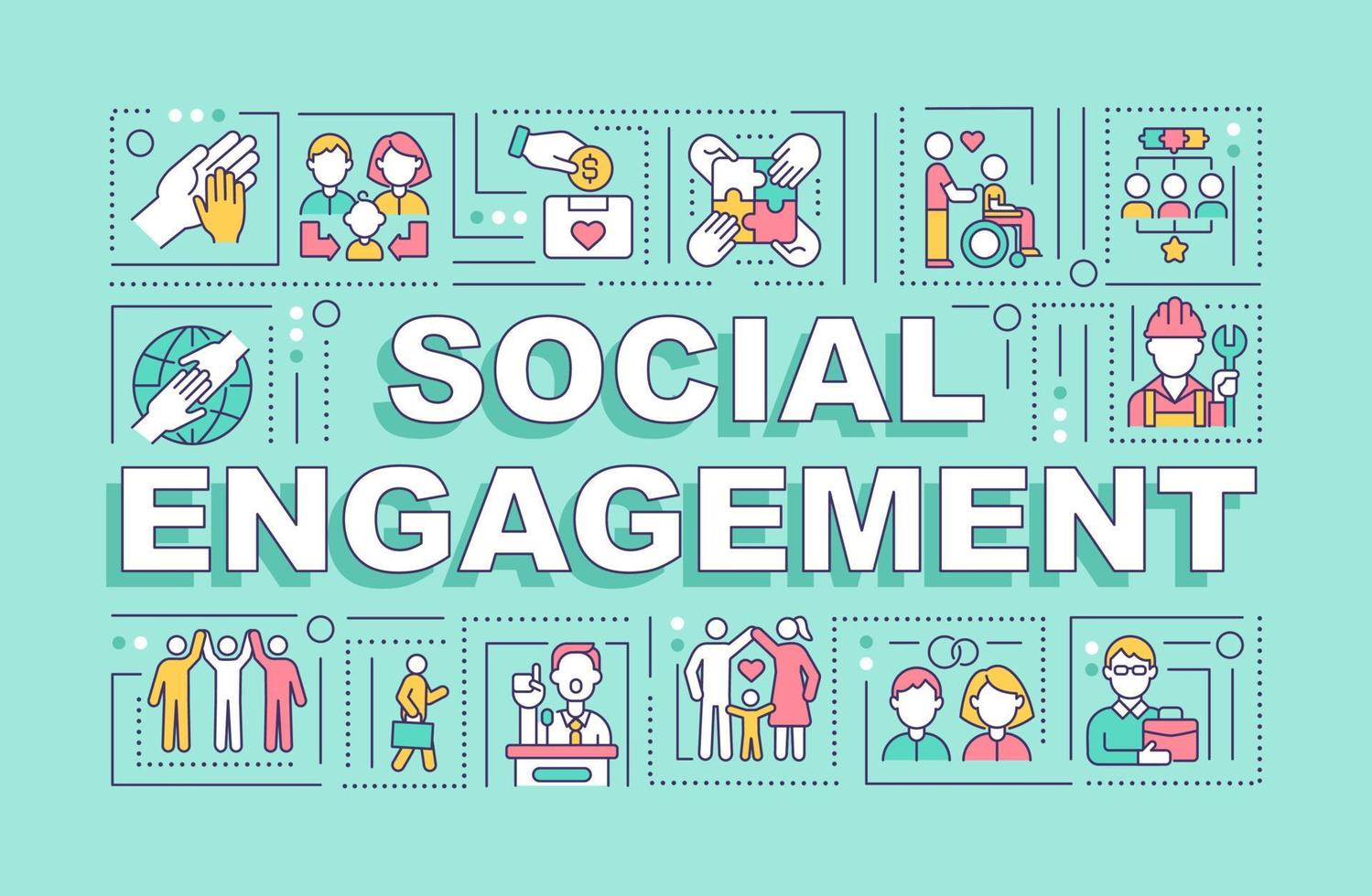 Social engagement word concepts banner. Participation in community. Infographics with linear icons on blue background. Isolated creative typography. Vector outline color illustration with text